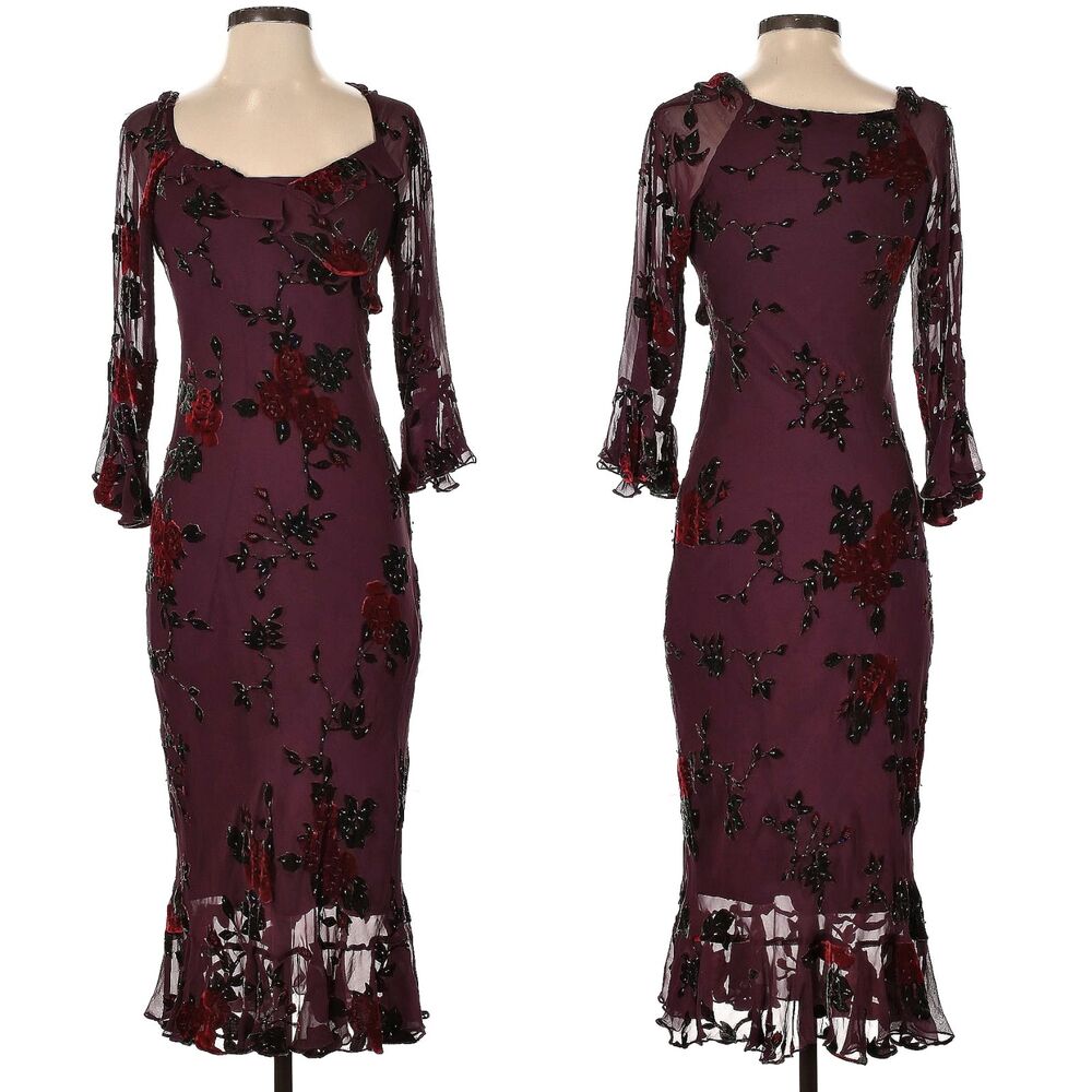 Vintage 1990s y2k Sue Wong Midi Dress Whimsygoth Floral Beaded Silk Fairy Size 2